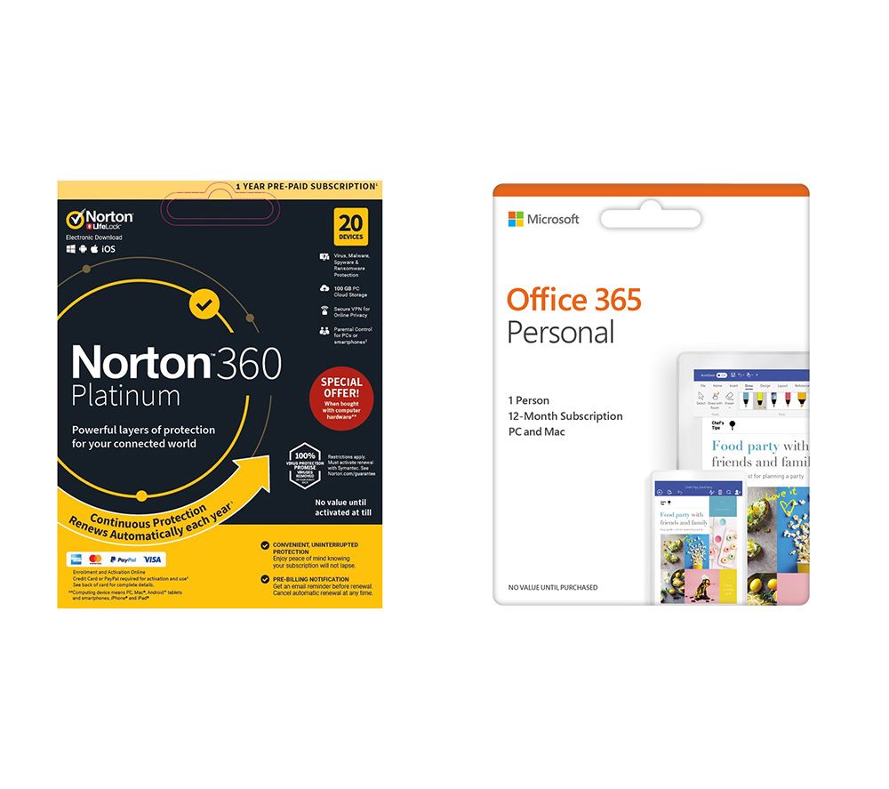 MICROSOFT Office 365 Personal & Norton 360 Platinum 2019 Bundle - 1 year for 1 user