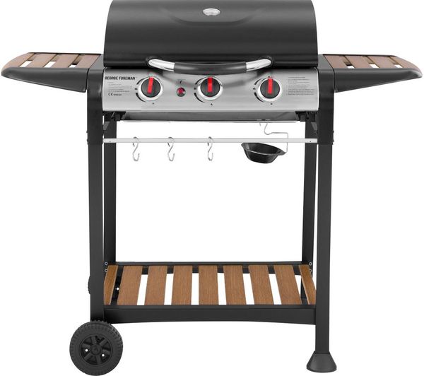 GEORGE FOREMAN GFGBBQ3BW 3 Burner Grill Gas BBQ - Black & Wood Effect