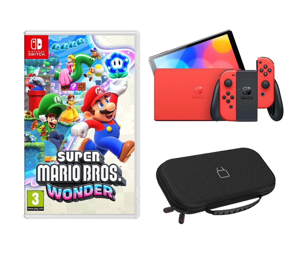 Switch OLED (Mario Red Edition), Super Mario Bros. Wonder & Nintendo Switch Case (Black) Bundle
