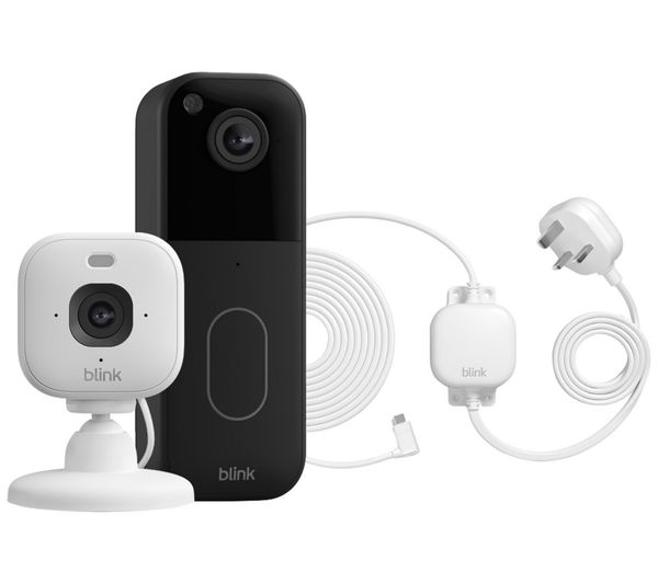 An image of BLINK Home Security Starter Kit Outdoor with Video Doorbell System, Mini 2K+ Security Camera & Weather Resistant Power Adapter Bundle