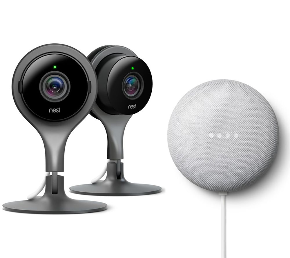 GOOGLE Twin Pack Cam Home Security Kit & Chalk Nest Mini (2nd Gen) Bundle