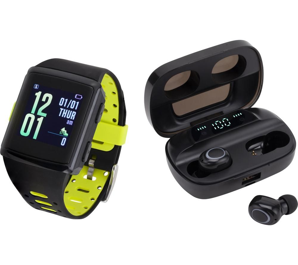 Image of B-AKTIV GL1237 Fitness Tracker & Wireless Bluetooth Earbuds Bundle - Black & Green, Black