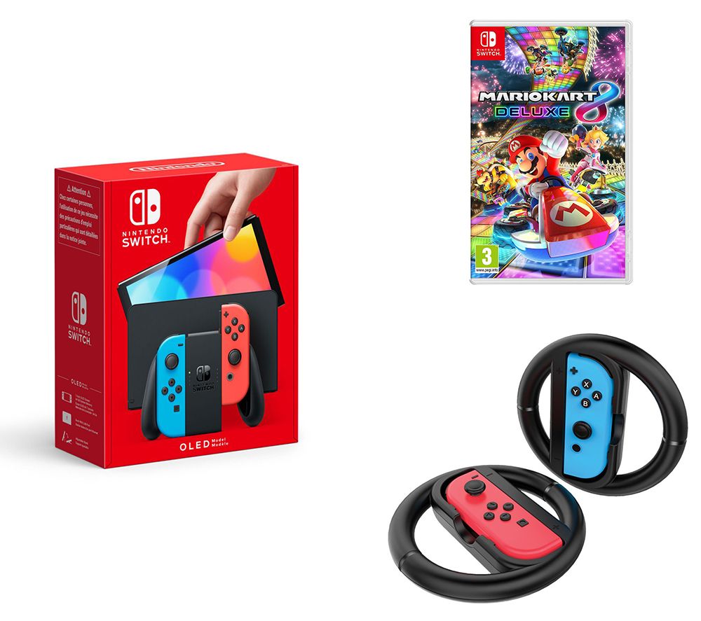 Switch OLED Neon, Mario Kart 8 Deluxe & Racing Wheels Bundle