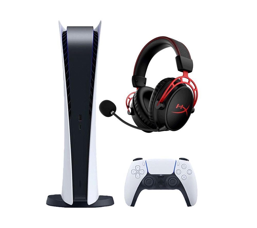 PlayStation 5 Digital Edition (825 GB) & Cloud Alpha Wireless Gaming Headset (Black & Red) Bundle