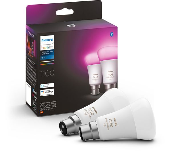 Image of PHILIPS HUE White & Colour Ambiance Smart LED Bulb - B22, 1100 Lumens, Twin Pack
