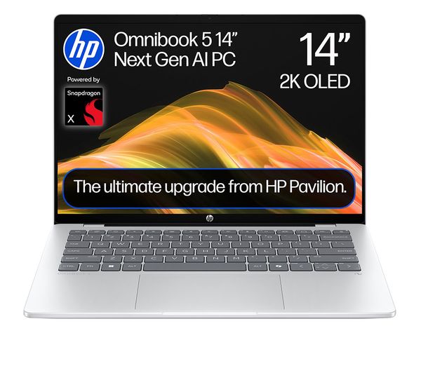 An image of HP OmniBook 5 NGAI 14" Refurbished Laptop - Snapdragon X1, 512 GB SSD, Glacier Silver (Excellent Condition)