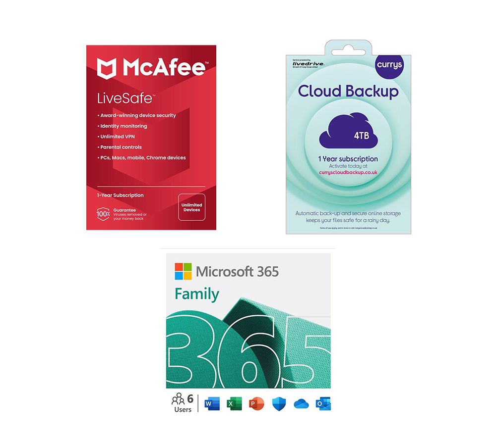 365 Family (12 months (automatic renewal), 6 users), LiveSafe (1 year, unlimited devices) & Cloud Backup (4 TB, 1 year) Bundle