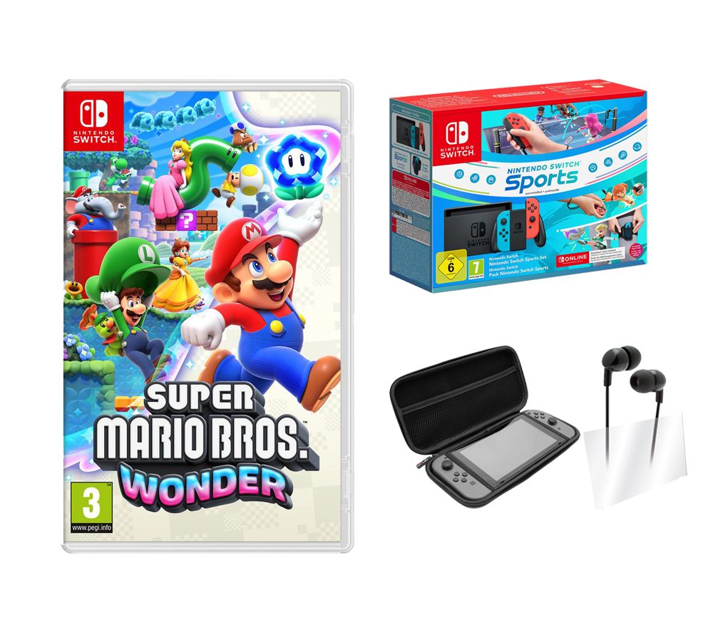 Switch (Red and Blue), Nintendo Switch Sports, 3 Month Online Subscription, VS4793 Starter Kit & Super Mario Bros. Wonder Bundle