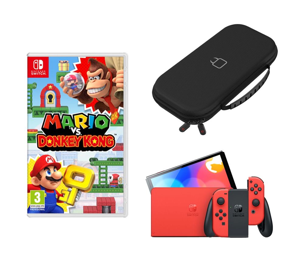 Switch OLED (Mario Red Edition), Mario vs Donkey Kong & Nintendo Switch Case (Black) Bundle
