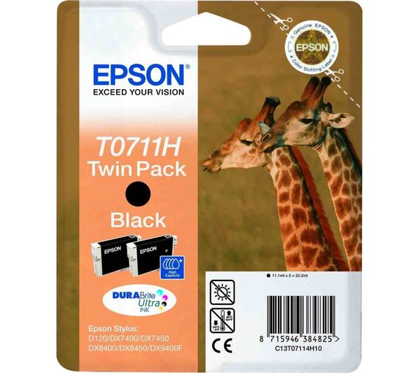 EPSON Giraffe T0711H Black Ink Cartridges - Twin Pack, Black