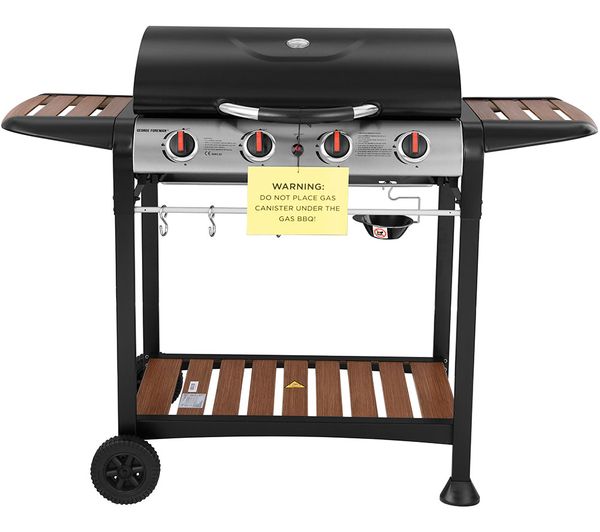GEORGE FOREMAN GFGBBQ4BW 4 Burner Grill Gas BBQ - Black & Wood Effect