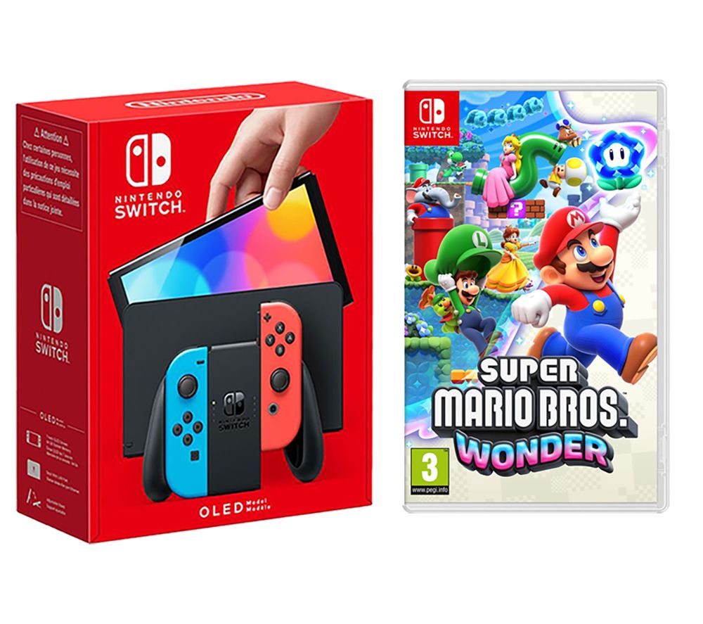 Switch OLED (Neon Red & Blue) & Super Mario Bros. Wonder Bundle