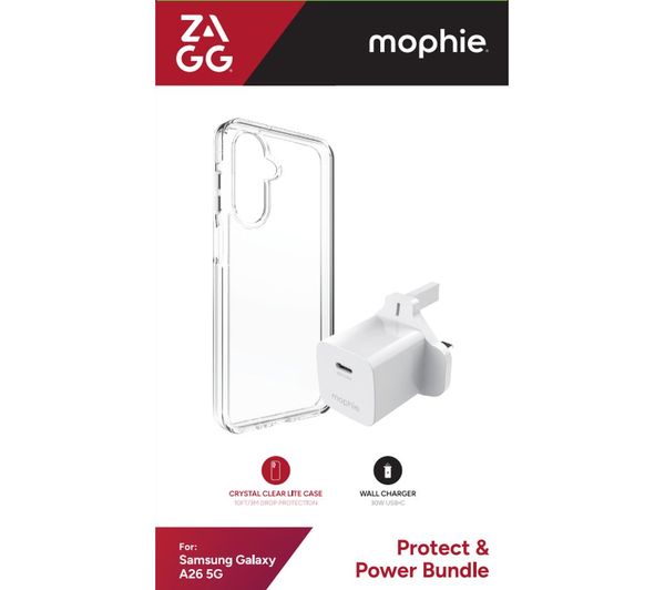 An image of ZAGG Crystal Palace Lite Galaxy A26 Clear Case & Mophie 30 W USB Type-C Wall Charger Bundle