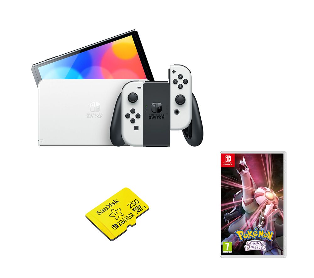 NINTENDO Switch OLED White, Pokemon Shining Pearl & SanDisk 256 GB Memory Card Bundle