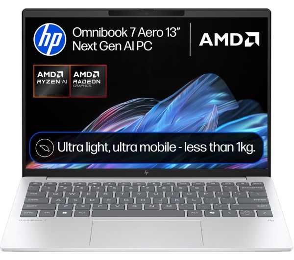 An image of HP OmniBook 7 Aero 13.3" Refurbished Laptop - AMD Ryzen AI 7, 1 TB SSD, Silver (Very Good Condition)
