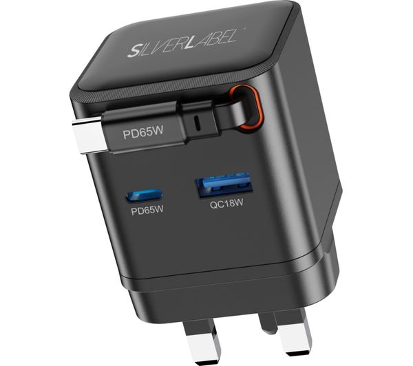 An image of SILVERLABEL E71029020 2-in-1 65 W Dual USB Type-C & Type-A GaN Charger - Black, Retractable Cable