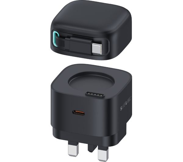 An image of SILVERLABEL E71029024 2-in-1 35 W Dual USB Type-C & Type-A GaN Charger - Black, Retractable Cable