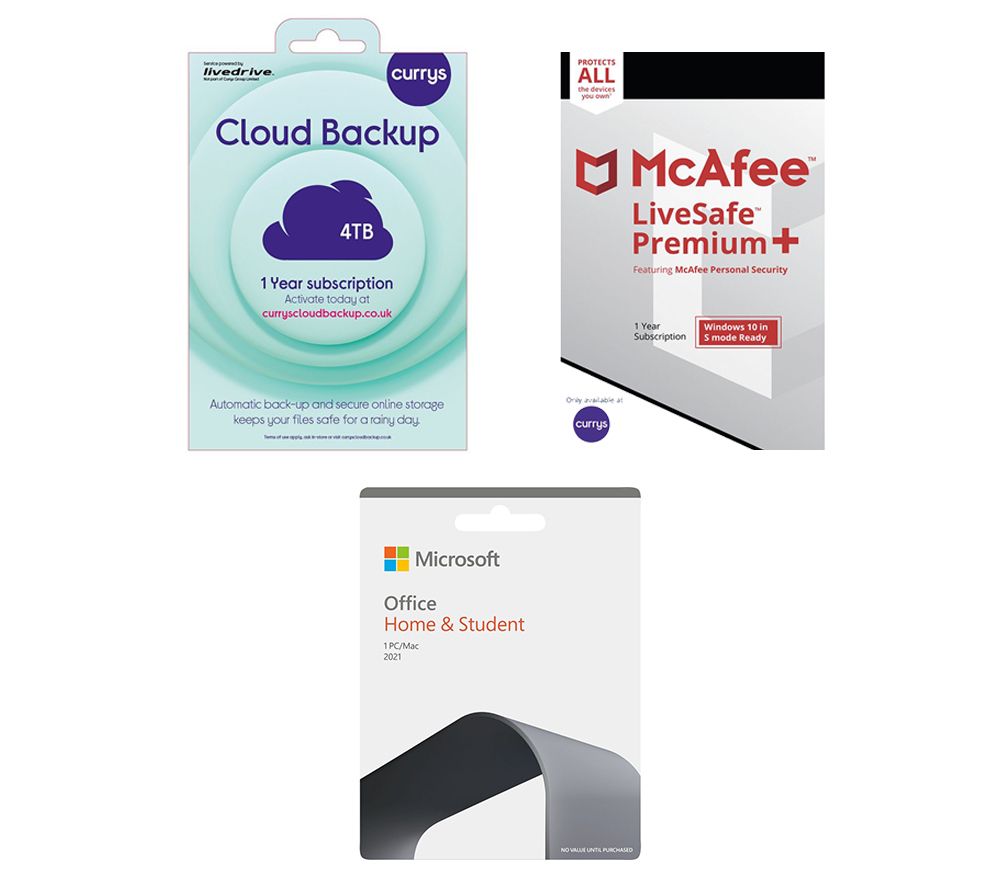 Office Home & Student 2021 (Lifetime for 1 user), McAfee LiveSafe Premium & Currys Cloud Backup (4 TB, 1 year) Bundle