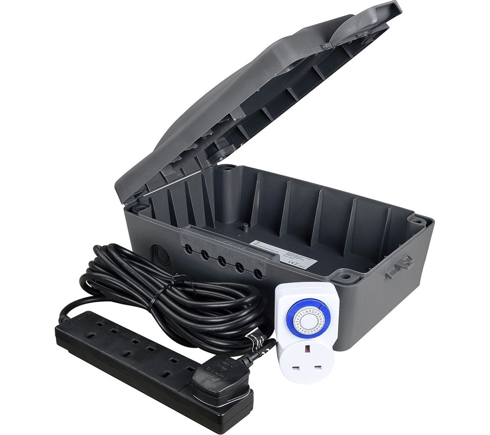 Weatherproof Box with 4 Socket Extension Lead & Timer - Black