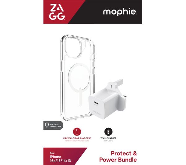 An image of ZAGG Crystal Palace Snap iPhone 16e/15/14/13 Clear Case & Mophie 30 W USB Type-C Wall Charger Bundle