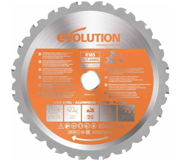 An image of EVOLUTION R185TCT-20MS Multi-Material Mitre Saw Blade - Silver