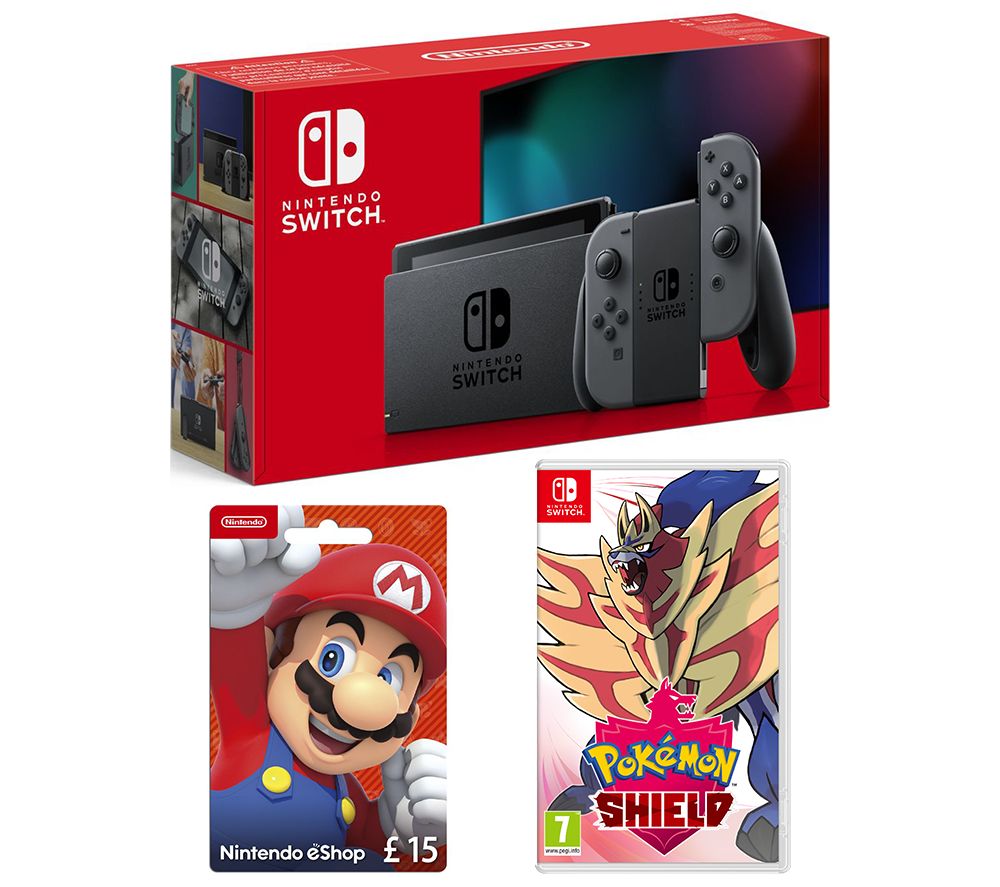 Nintendo Switch, Pokemon Shield & �15 eShop Gift Card Bundle - Grey, Grey