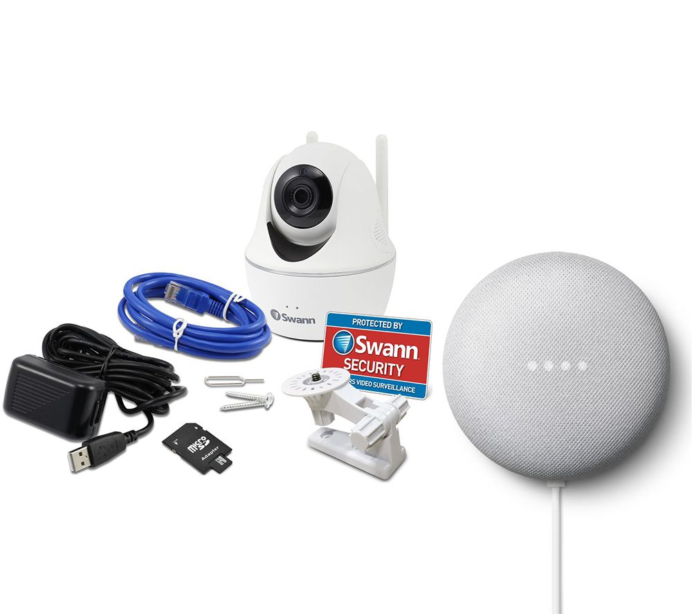 SWANN SWWHD-PTCAM Wireless Pan & Tilt Smart Security Camera & Google Nest Mini Chalk (2nd Gen) Bundle, Black