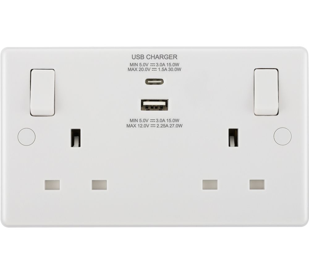 822UAC30 Double Wall Socket with USB Type-C & USB - White