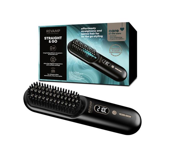 An image of REVAMP Straight & Go Ionic Cordless Straightening & Smoothing Hot Brush - Black & Gold