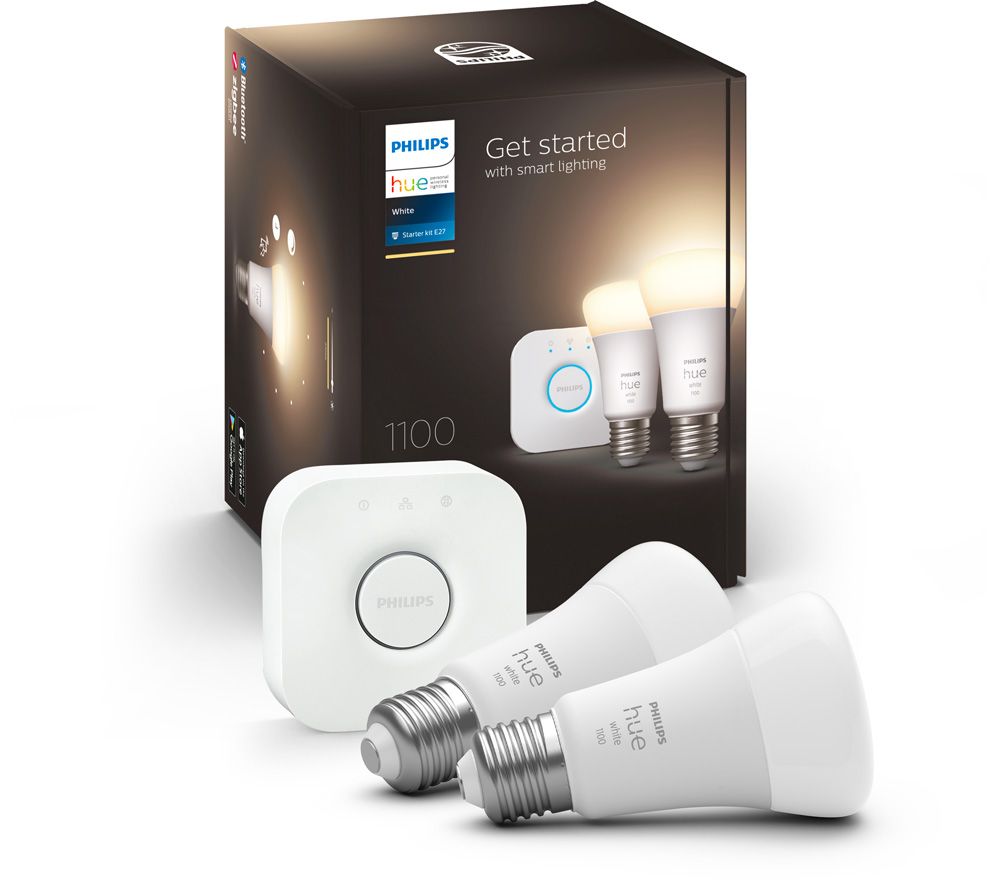 PHILIPS HUE White Smart Lighting Starter Kit with Bridge - E27, 1100 Lumens