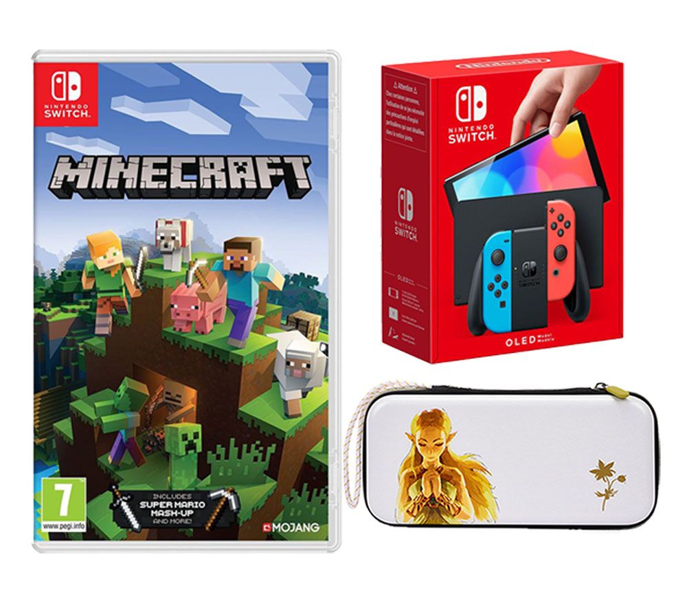 Switch OLED (Neon Red & Blue), Minecraft & Princess Zelda Slim Travel Pro Nintendo Switch Case Bundle