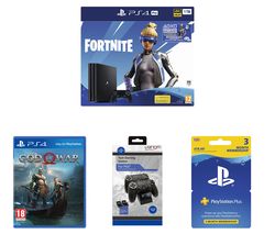 SONY PlayStation 4 Pro with Fortnite Neo Versa, Twin Docking Station, PlayStation Plus Subscription & God of War Bundle