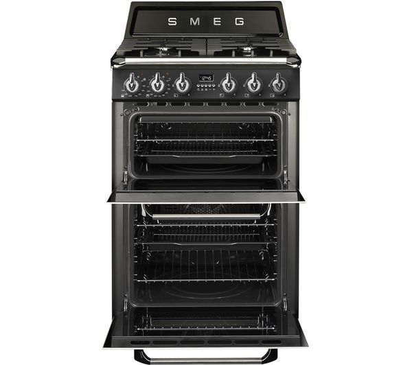 An image of SMEG Victoria TR62BL 60 cm Wide Double Oven Dual Fuel Cooker - Black