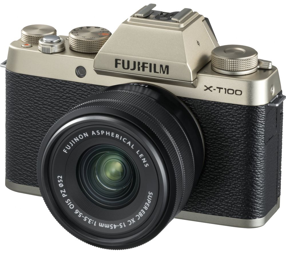 FUJIFILM X-T100 Mirrorless Camera with FUJINON XC 15-45 mm f/3.5-5.6 OIS PZ Lens – Champagne Gold, Gold
