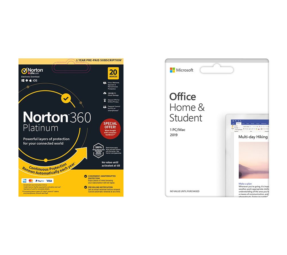 MICROSOFT Office 365 Home & Student with Norton 360 Platinum 2019 Bundle - Lifetime for 1 user