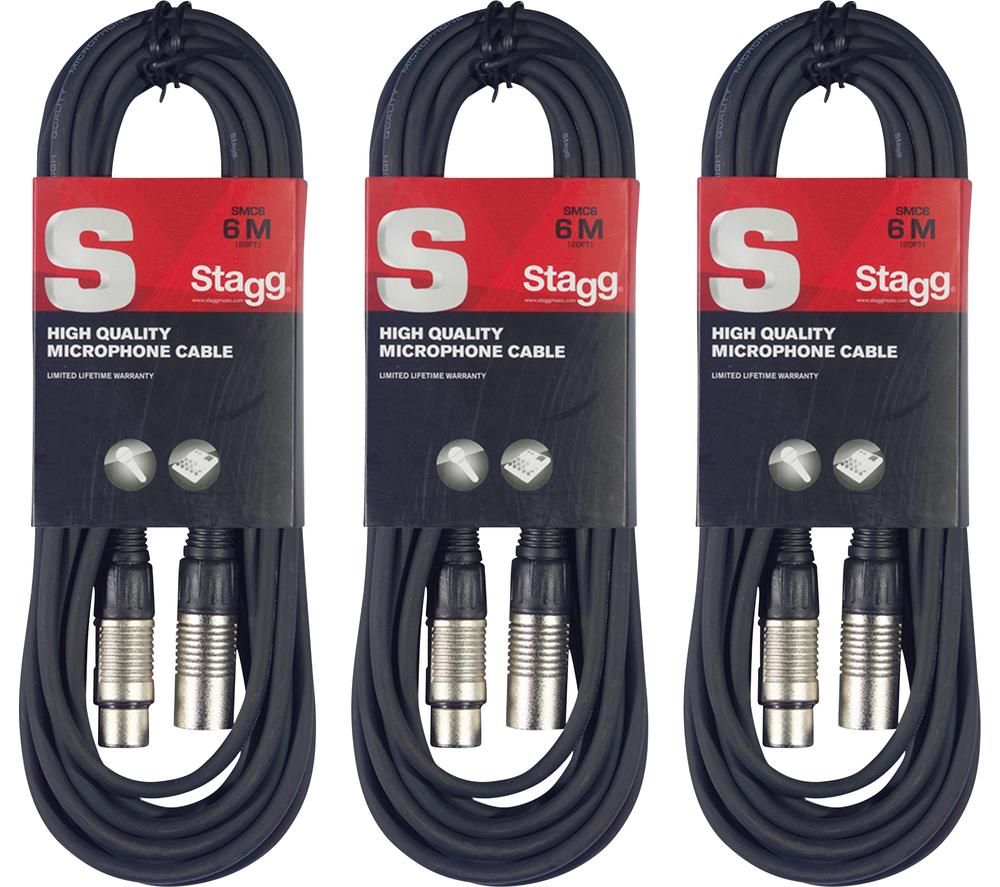 STAGG S-Series SMC6 XLR Microphone Cable - 6 m, Black, Pack of 3