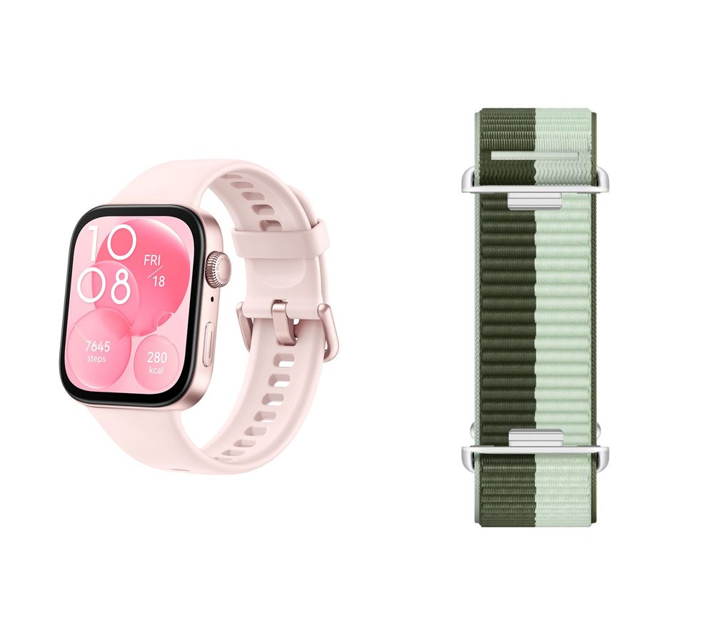 Watch Fit 3 (Pink) with Pink Fluoroelastomer Strap & Green Nylon Strap Bundle