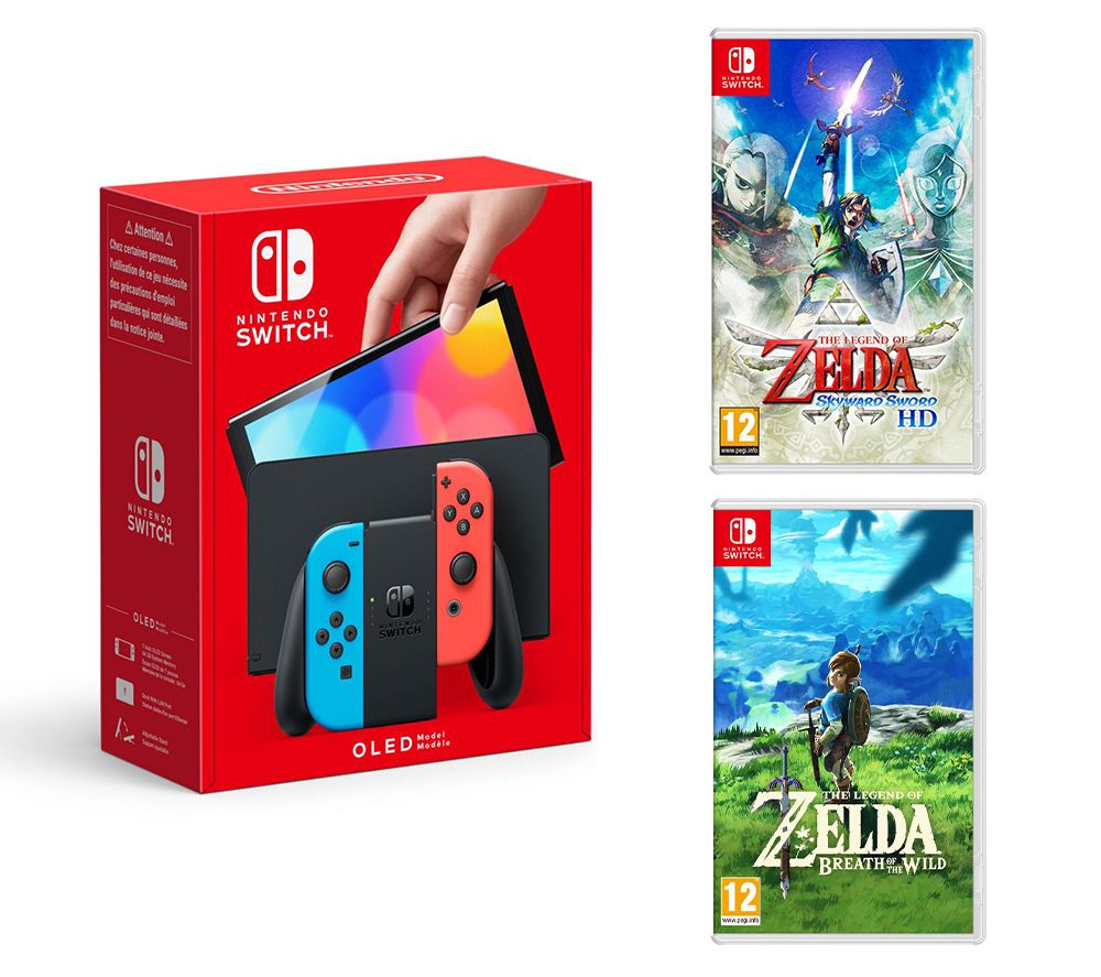 Switch OLED Neon Red & Blue, The Legend of Zelda: Skyward Sword HD & The Legend of Zelda: Breath of the Wild Bundle