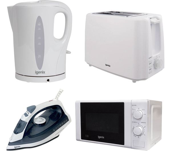 IGENIX IGPK31 Solo Microwave, Jug Kettle, 2-Slice Toaster & Iron Bundle - White