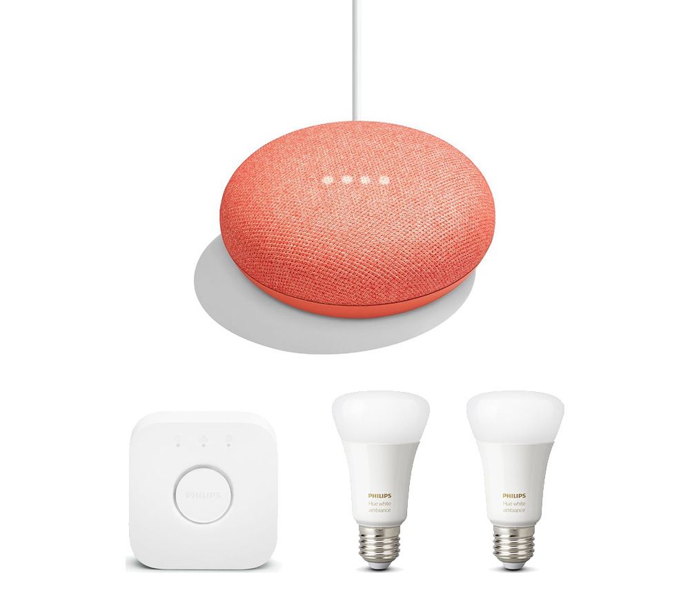 PHILIPS Hue White and Colour Mini Smart Bulb E27 Starter Kit with Google Home Mini Coral Bundle, White review