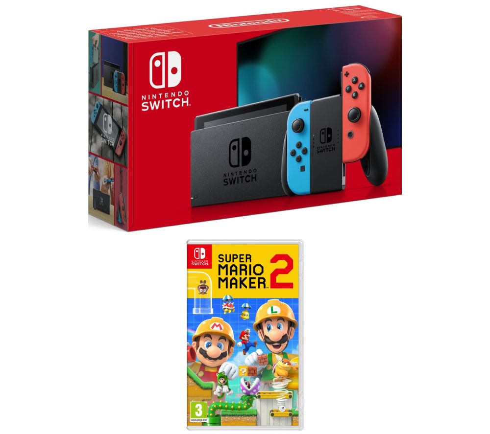 NINTENDO Switch Neon Red & Super Mario Maker 2 Bundle, Neon