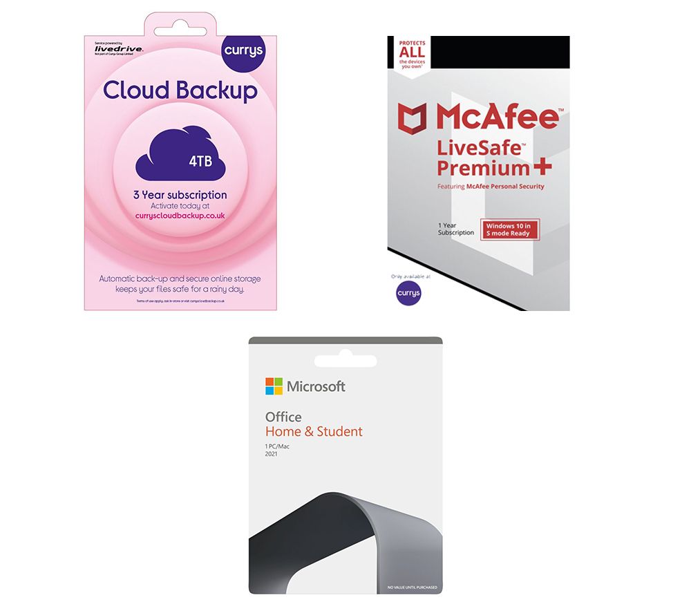 Office Home & Student 2021 (Lifetime for 1 user), McAfee LiveSafe Premium & Currys Cloud Backup (4 TB, 3 years) Bundle