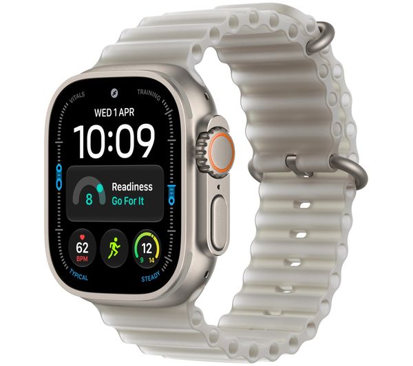 An image of APPLE Watch Ultra 4 Cellular - 49 mm Natural Titanium Case with Translucent Gray Ocean Loop