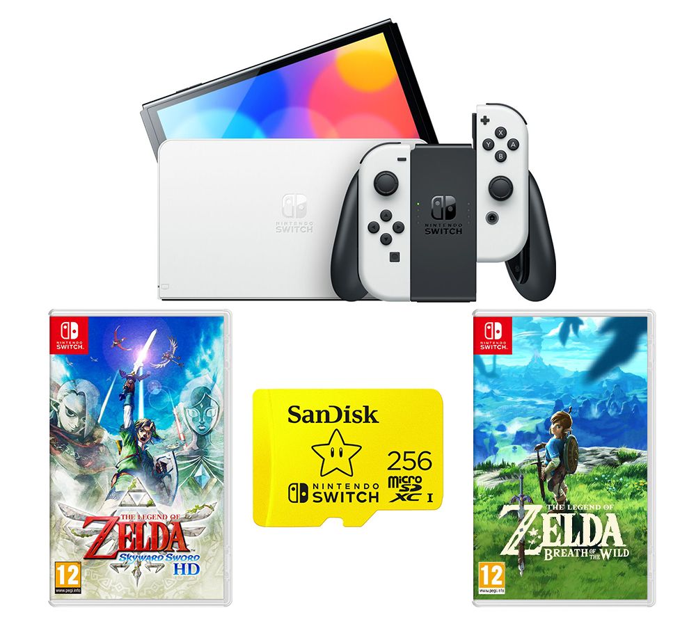 Switch OLED White, The Legend of Zelda: Skyward Sword HD, The Legend of Zelda: Breath of the Wild & 256 GB Memory Card Bundle