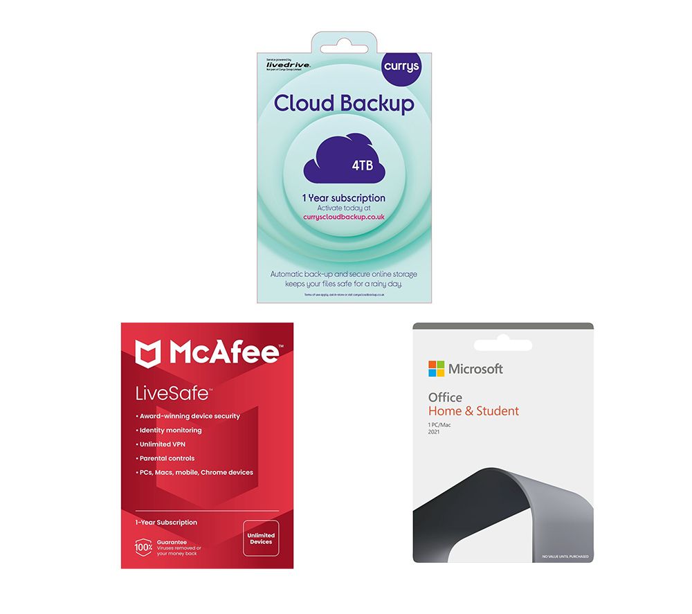 Office Home & Student 2021 (Lifetime for 1 user), McAfee LiveSafe (1 year, unlimited devices) & Currys Cloud Backup (4 TB, 1 year) Bundle