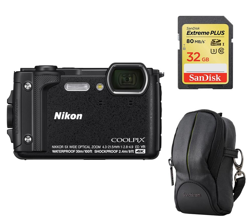 NIKON COOLPIX W300 Tough Compact Camera, SWCOM13 Camera Case & 32 GB Memory Card - Black, Black