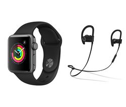 APPLE Watch Series 3 & Powerbeats3 Wireless Bluetooth Headphones Bundle - Space Grey & Black Sports Band, 38 mm