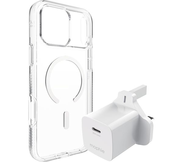 An image of ZAGG Crystal Palace Snap iPhone 17 Pro Max Clear Case & Mophie 30 W USB Type-C Wall Charger Bundle