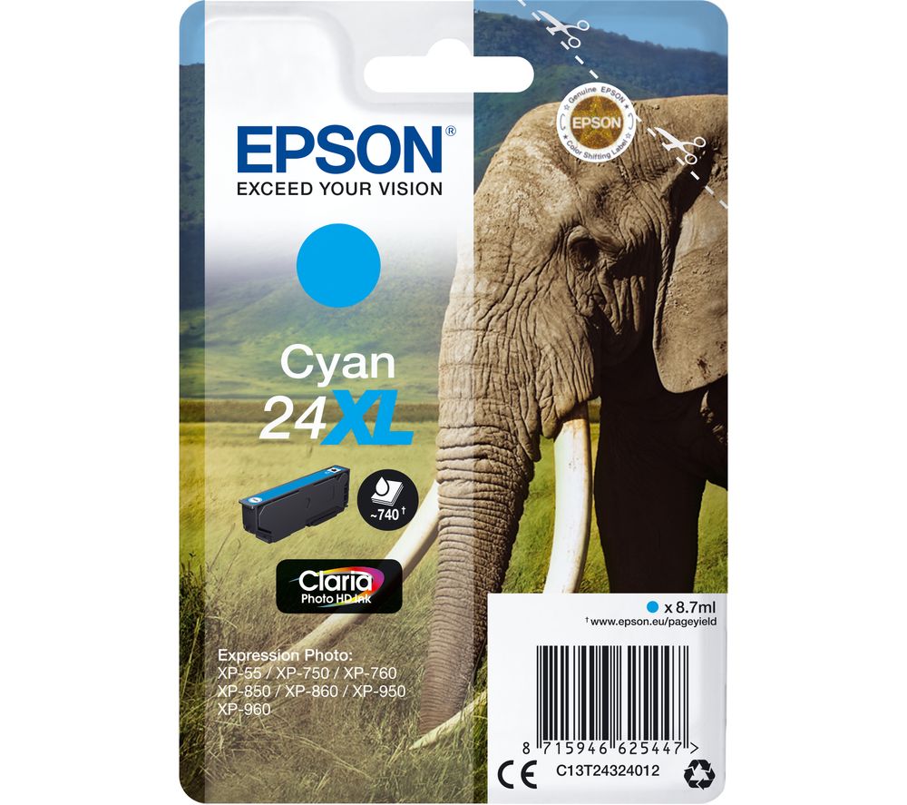 EPSON Elephant 24XL Cyan Ink Cartridge, Cyan