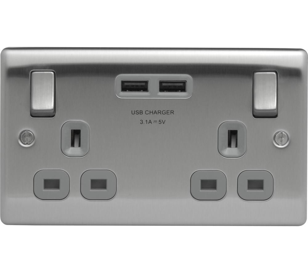 BG ELECTRICAL Decorative NBS22U3G-01 Switched Power Socket - Brushed Steel